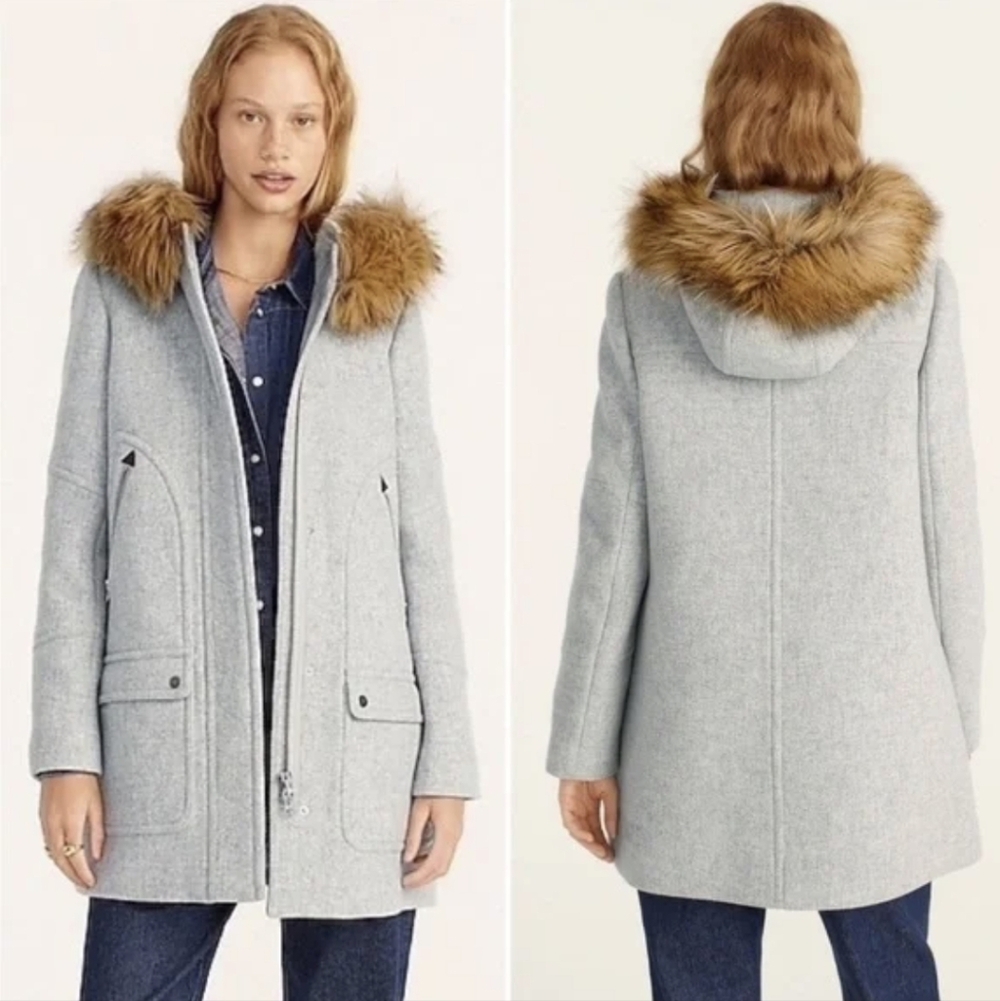 NWT J.Crew Wool Nello Gorri Chateau Faux Fur Hood Parka Coat Sz 0 Quiet Luxury